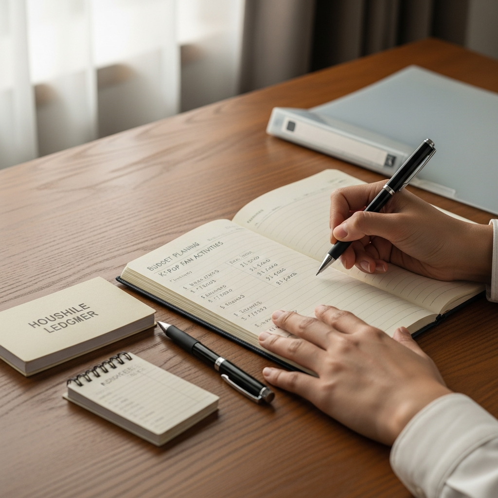 推し活グッズの内訳をノートに書き出している様子。ペンと家計簿、クリアファイルが並ぶ机