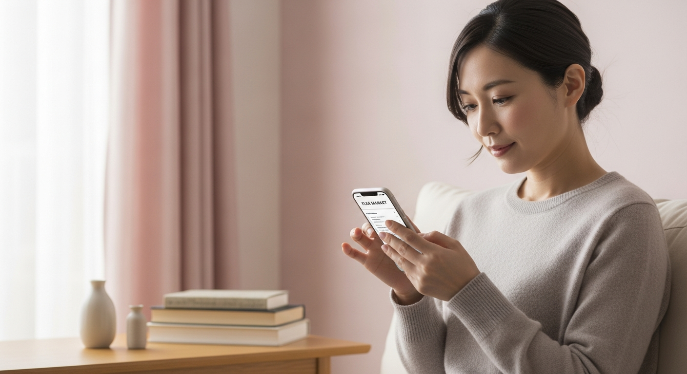 メルカリ出品・フリマアプリを使っている女性の手元（スマホ画面）