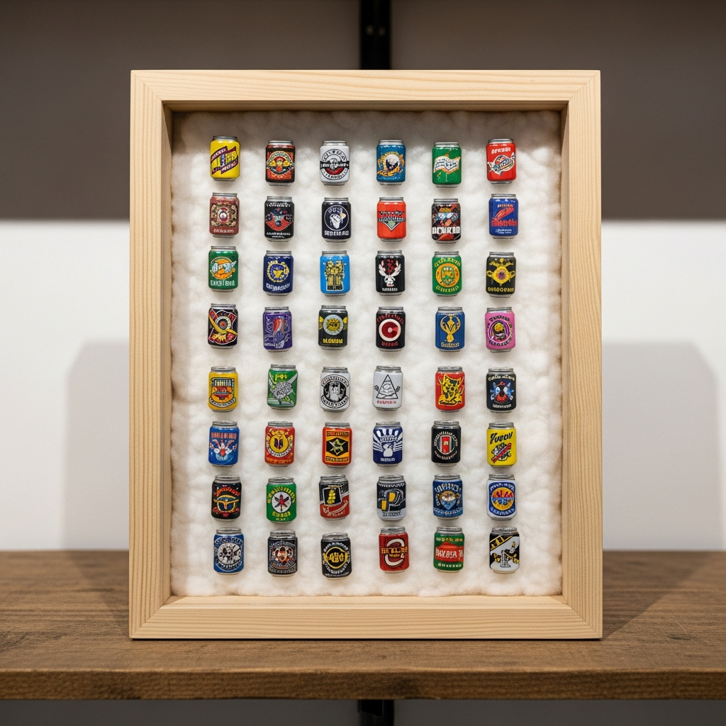 フォトフレームに布を敷いて缶バッジを標本風に並べた展示