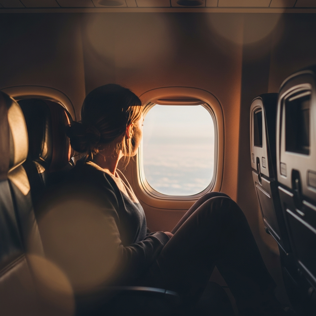 飛行機の窓から外を眺める女性