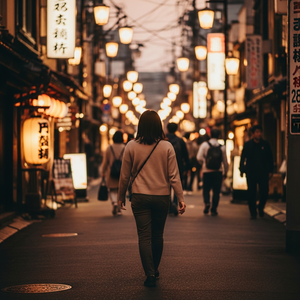 夕暮れの街を歩く女性の後ろ姿