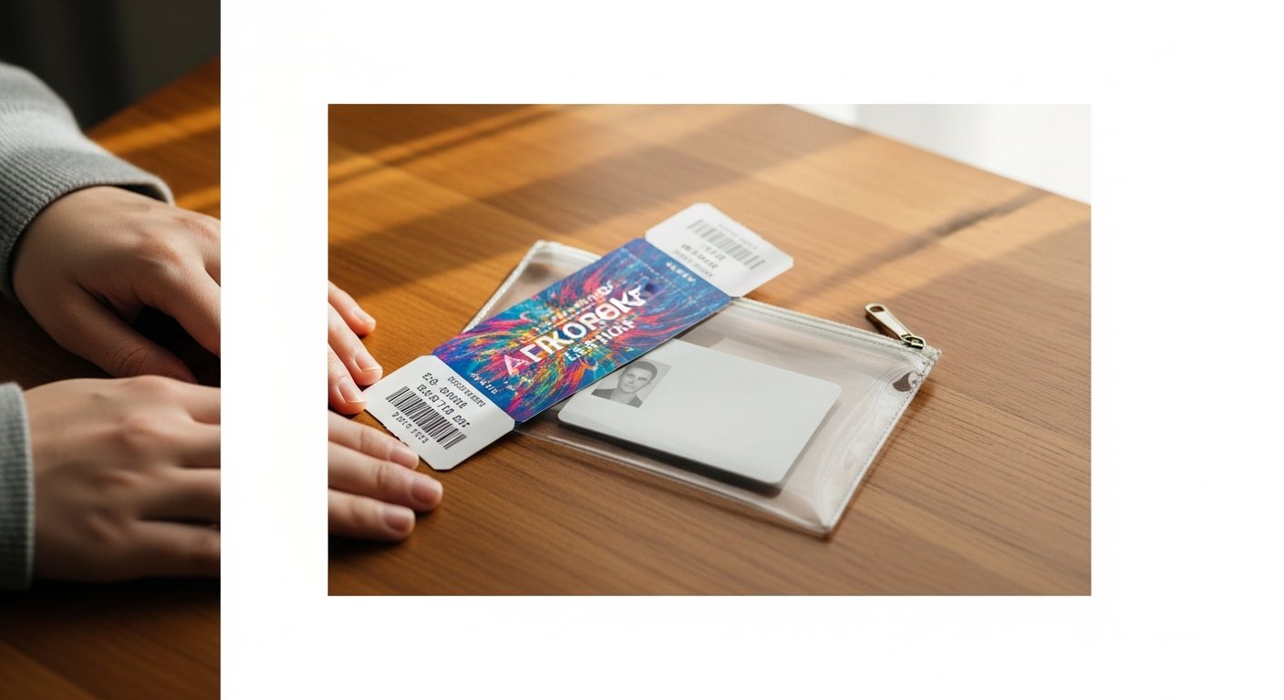 コンサートチケットとIDカードをクリアポーチに入れているところ
