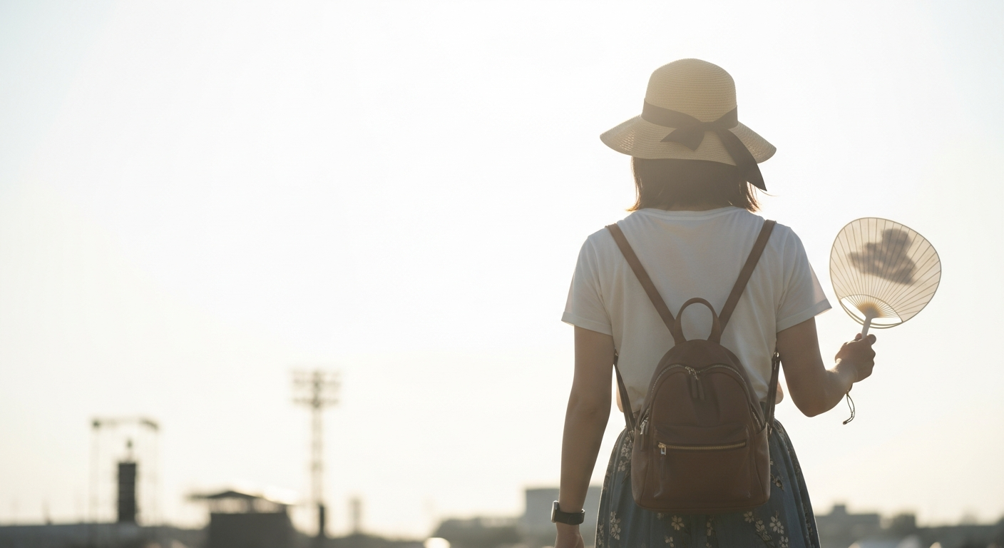 夏の屋外を歩く若い女性の後ろ姿・小ぶりなリュックとうちわを持っている