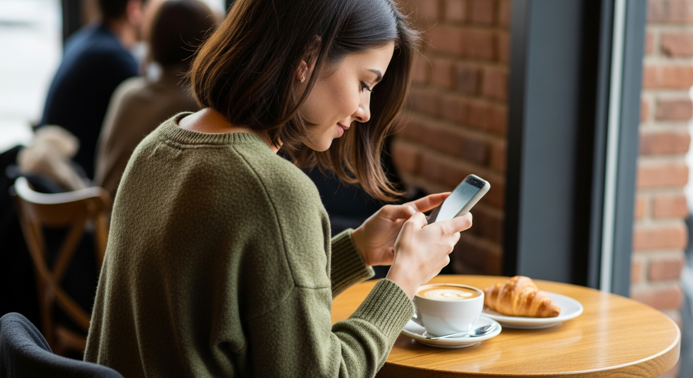 カフェでスマートフォンを見ながらくつろぐ女性の後ろ姿。柔らかな自然光。