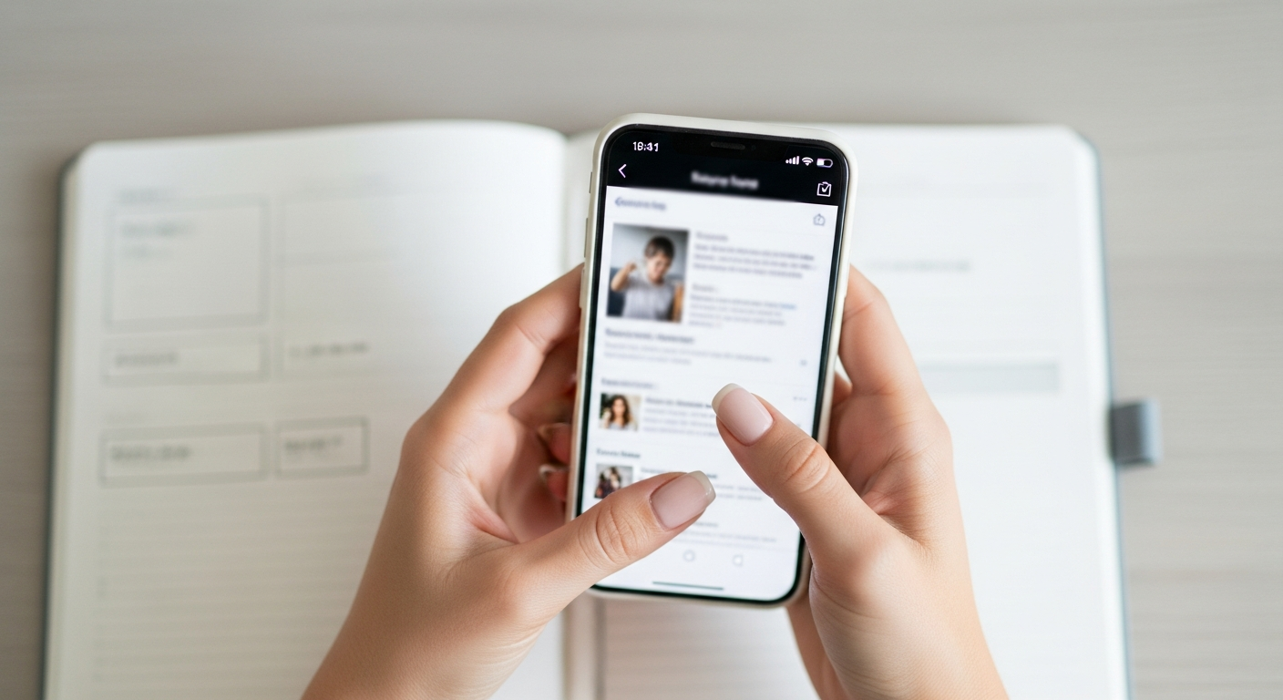 スマートフォンを両手で持ち、画面をスクロールしている女性の手元。手帳が隣に置かれている。