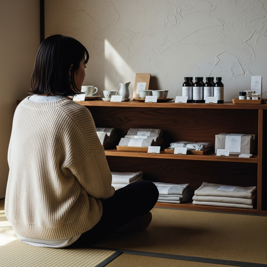 推し棚を眺める女性の後ろ姿