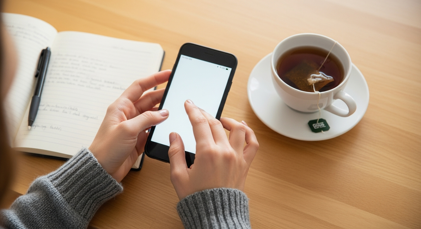 スマートフォンでキャプションを入力する女性の手元