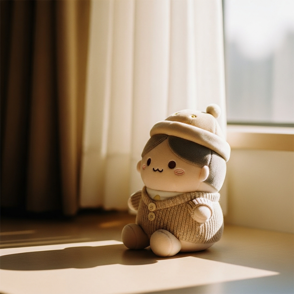 窓際のぬいぐるみにやわらかい自然光が当たるクローズアップ。暖かいトーン。
