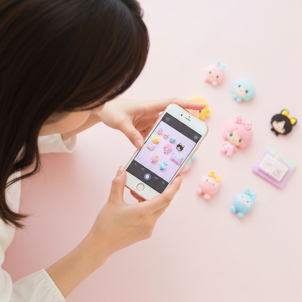 スマホでアイドルグッズをフラットレイ視点で撮影している手元の写真