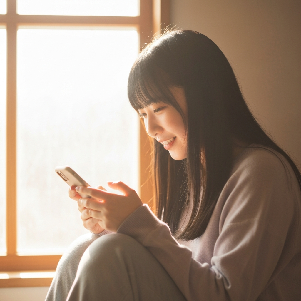 窓辺でスマートフォンを持ちながらくつろぐ女性の手元。柔らかな自然光。
