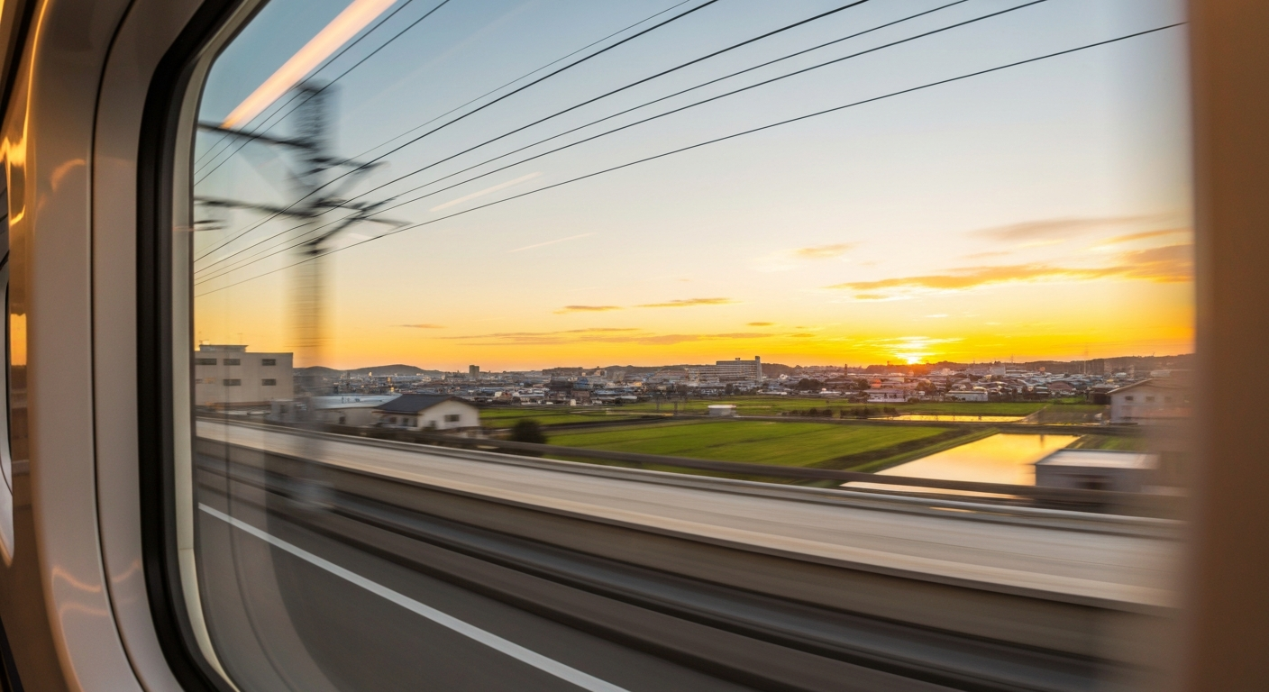 新幹線の車窓から見る夕暮れの景色