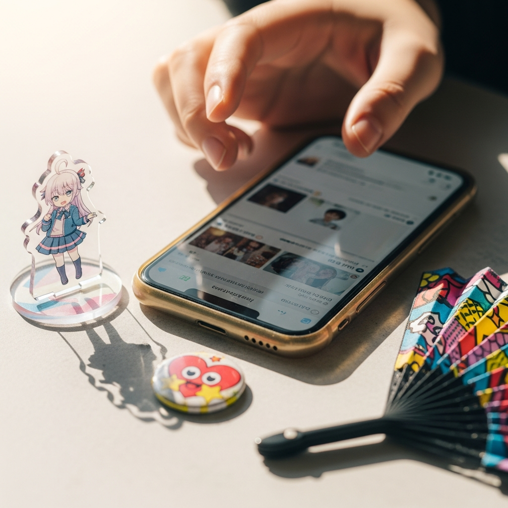 スマートフォンの画面をスクロールしている手元。SNSのタイムライン風の画面