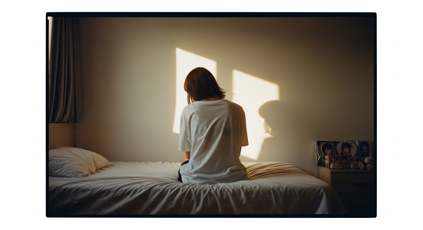 ベッドに腰掛けてうつむいている女性の後ろ姿。部屋の隅に推し活グッズが見えている