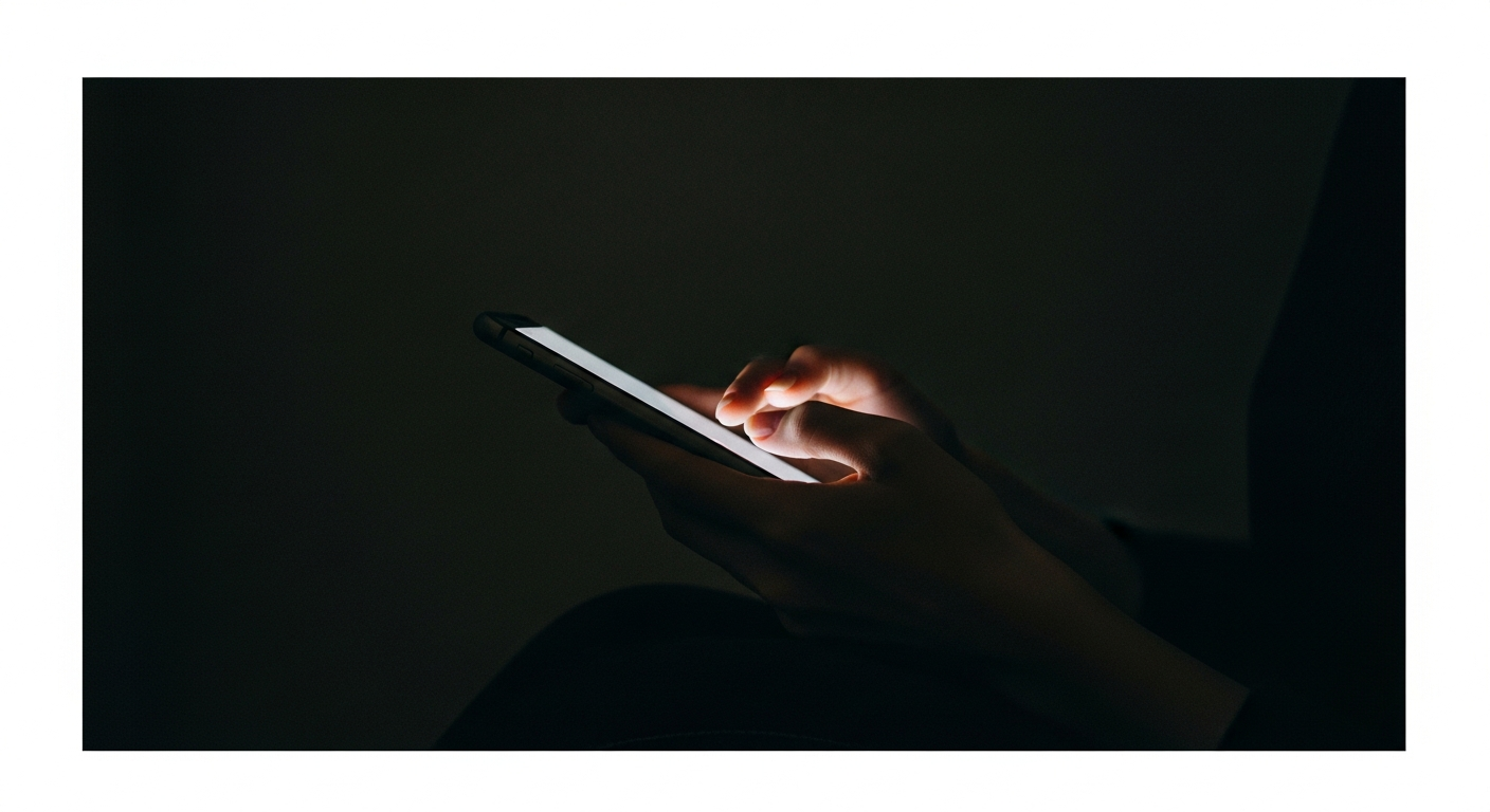 夜の薄暗い部屋でスマホを持っている女性の手元。スマホ画面の光だけが当たっている