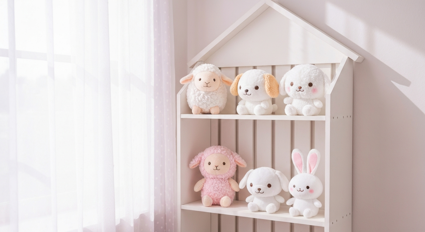 カラフルな推しぬいを棚にかわいく並べた収納ディスプレイ