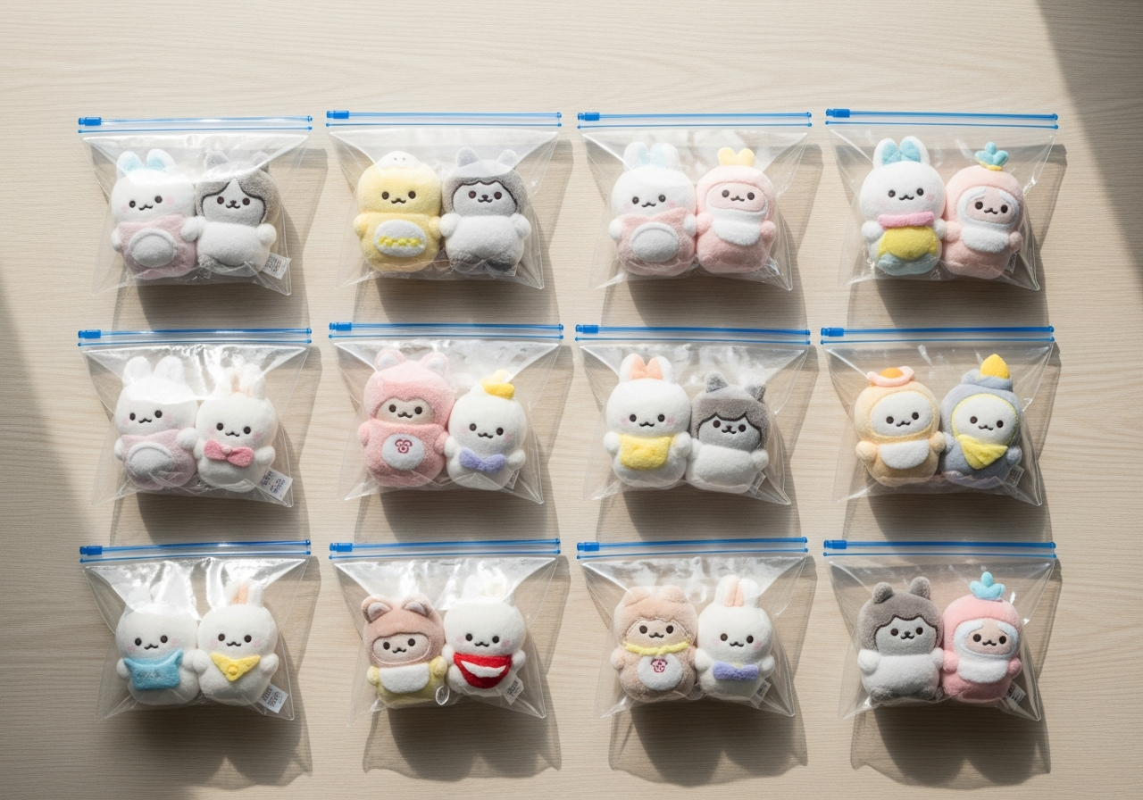 チャック付きケースに整理されたぬいぐるみ
