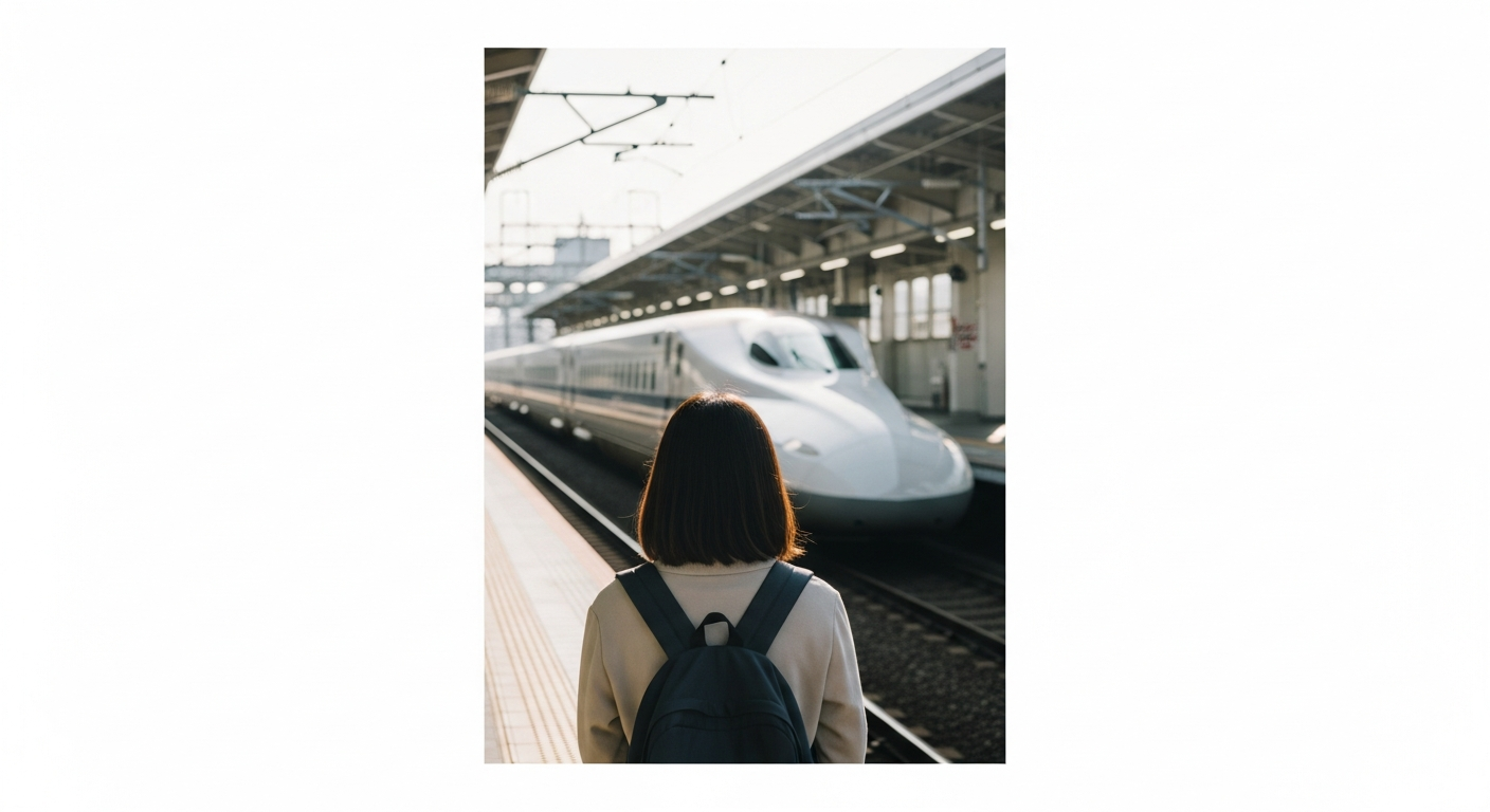 駅のホームに停車している新幹線を眺めている若い女性の後ろ姿