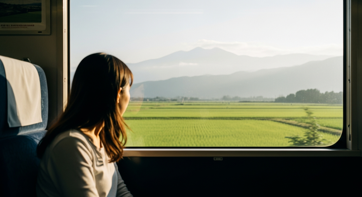 在来線の車窓から景色を眺めている女性の後ろ姿