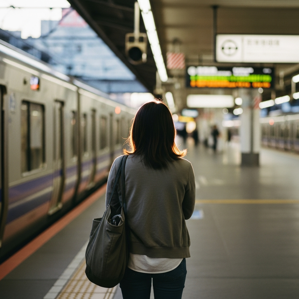 新幹線ホームに立つ女性の後ろ姿。キャリーバッグを引きながら改札へ向かう朝の光が差し込む雰囲気