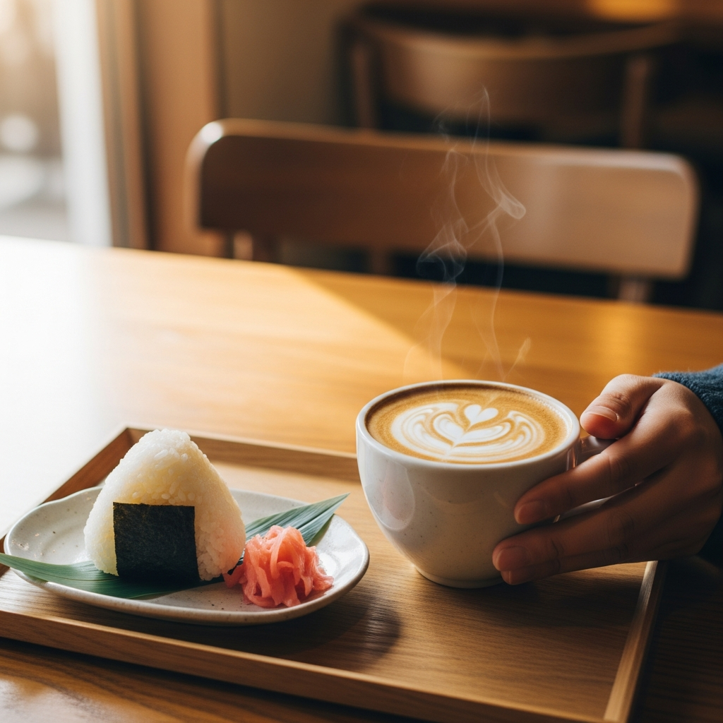 カフェのテーブル・コーヒーカップ・スマホ・手帳の手元の俯瞰。一人ごはんの落ち着いた雰囲気