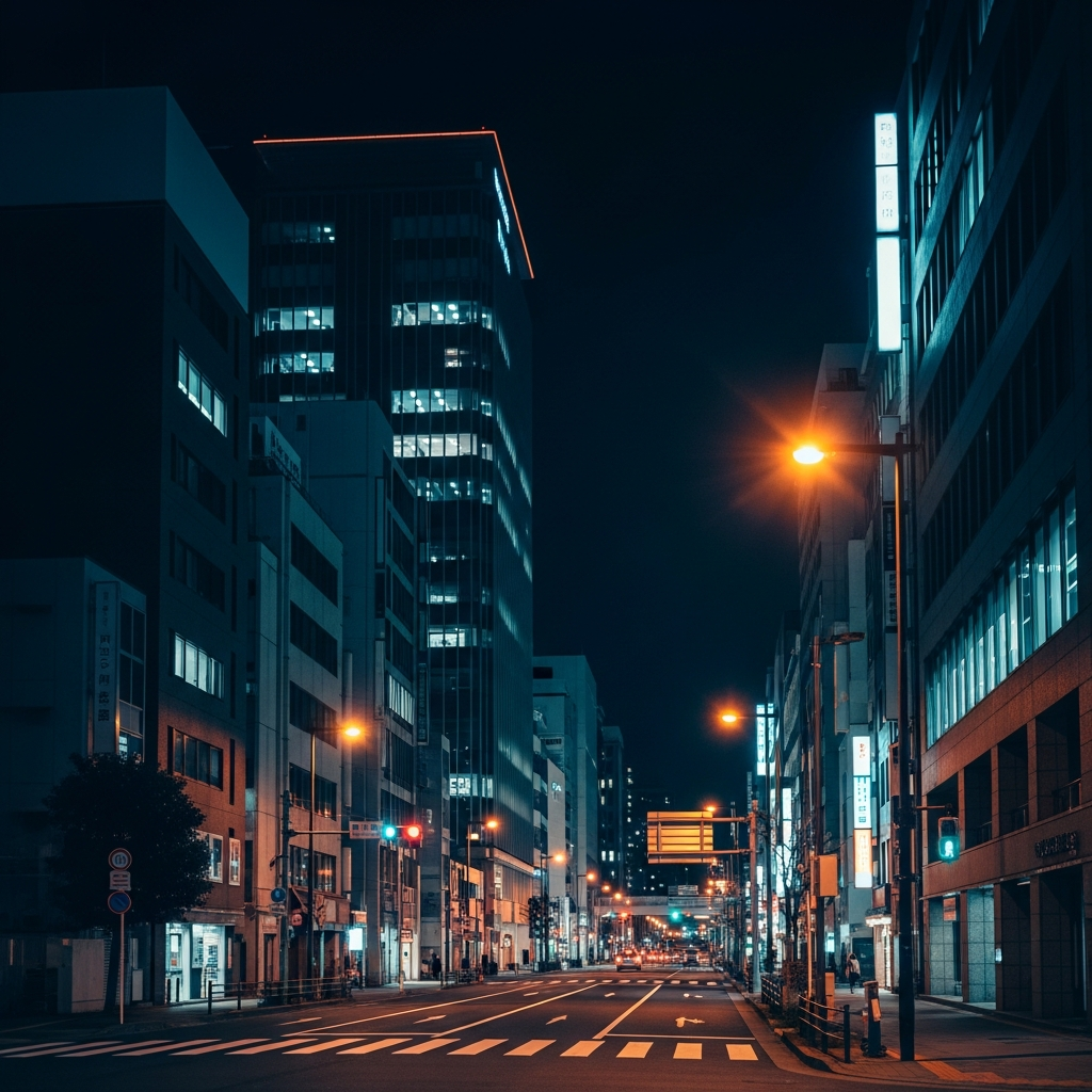 福岡の都市部の夜の街並み。駅周辺のビル街とネオンの光